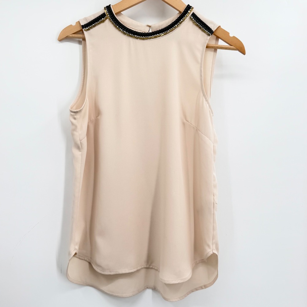 HM Sleeveless Embellished Neck Blouse Beige Studded Keyhole Back Top Size 8